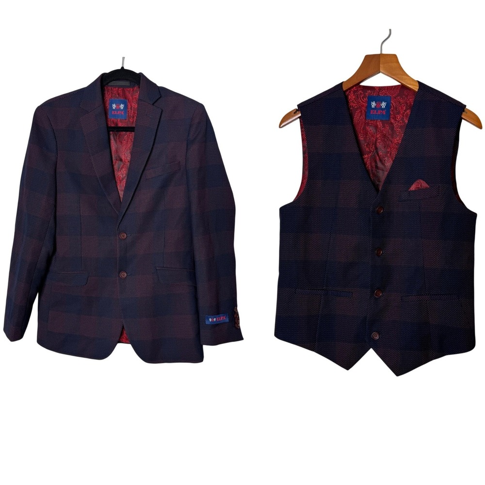 ELPA Boys‎ 2 Piece Formal Plaid Blazer and Vest Set Navy Burgundy Kids Size 18